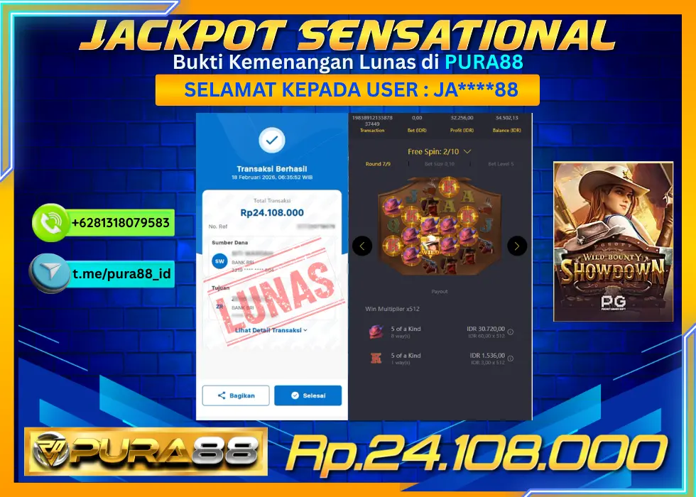 PURA88 JACKPOT WILD BOUNTY SHOWDOWN Rp 24.108.000,- LUNAS